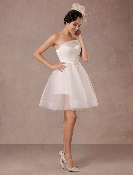 Milanoo Short Wedding Dress Organza One-Shoulder A-Line Backless Satin Mini Summer Wedding Dresses 2