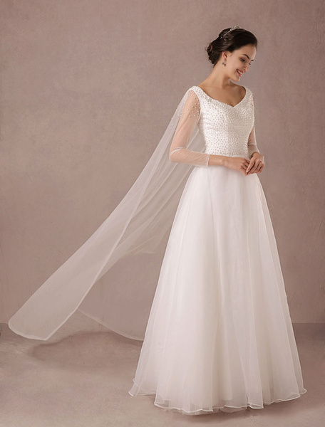 Image of Tulle Wedding Dress Long Sleeves Pearls Beading Floor-length A-line Bridal Gown In Queen Style With Detachable Tulle Cape Milanoo
