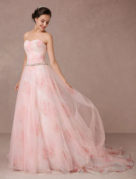 Milanoo Imprime de rose fleurs robe de mariée Tulle robe de mariée sans bretelles Sweetheart robe de