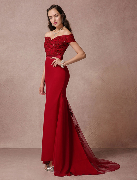 Milanoo Red Prom Dresses 2021 Long Off The Shoulder Prom Dress Mermaid Backless Evening Dress fishta