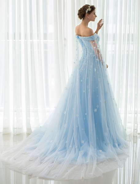 Milanoo Blue Wedding Dress Lace Flower Applique Off-The-Shoulder Tulle Cape Chaple Train A-Line Brid