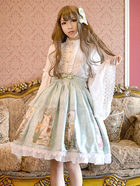 Milanoo Sweet Lolita Dress SK Green Cotton Printed Pleated Ruffle Lolita Skirt Original Design
