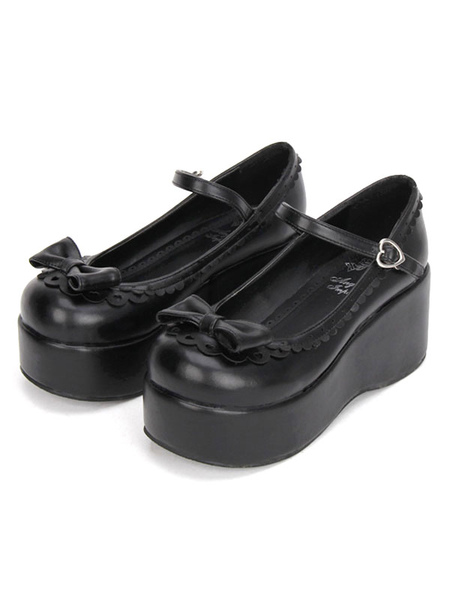 Image of Dolce Lolita scarpe piattaforma nero Zeppa cinturino alla caviglia Lolita scarpe con fiocco