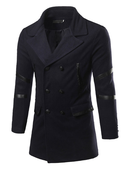 

Men's Padded Peacoat Double Breasted Button Winter Coat Turndown Collar Long Sleeve Winter Coat In B, Black;dark navy