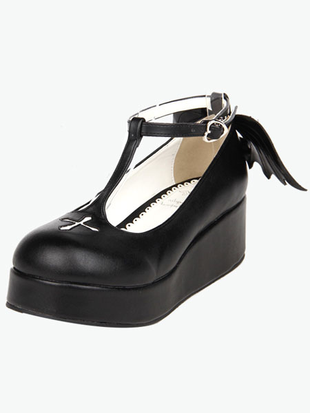 Image of Gothic Lolita scarpe piattaforma nero Crux T-Strap scarpe Lolita con ala male
