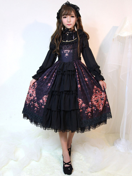 Gothic Lolita Dress JSK Black Printed Layered Ruffle Slim Fit Cotton Jumper Skirt Original Design