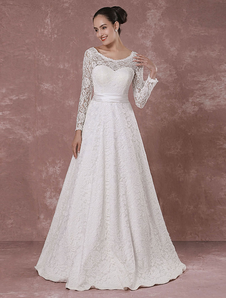 Milanoo Lace Wedding Dress rückenfrei lange Ärmel Brautkleid a-Linie bodenlang Luxus Brautkleid