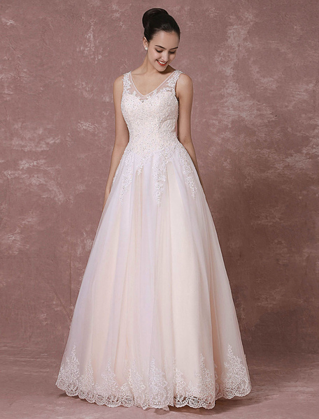 Milanoo Champagne Lace Wedding Dress Backless Bridal Gown Floor-Length A-Line Beading Luxury Bridal