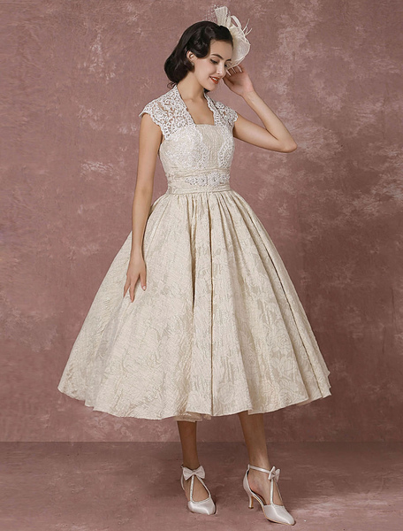 Milanoo Short Wedding Dress Lace Champagne Vintage Bridal Dress Ball Gown Beading Backless Tea-Lengt