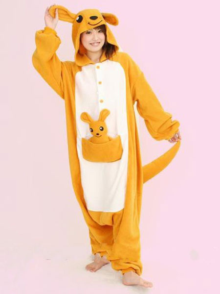 Image of Kigurumi Adult Onesie Pajama Yellow Kangaroo Cute Flannel Animal Costume Halloween