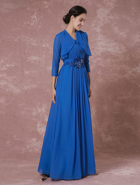 Image of 2 Pieces Mother Dress Blue Chiffon Maxi Shrug Evening Dress Pleated Beading Occasion Dress Wedding Guest Dress