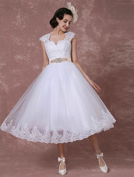 Milanoo Vintage Wedding Dress Short Lace Tulle Bridal Gown Back Design Tea-Length A-Line Reception B