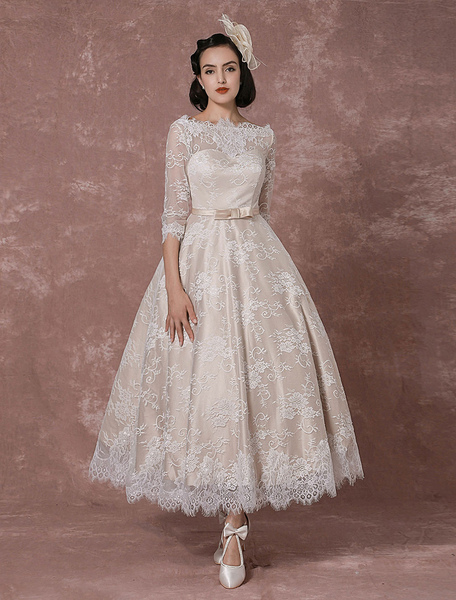 Milanoo Lace Wedding Dress Vintage Bateau Champagne Half Sleeves Bridal Gown A Line Backless Tea Len
