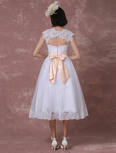 Milanoo Vintage Wedding Dress Short Lace Tulle Bridal Gown Back Design Tea-Length A-Line Reception B