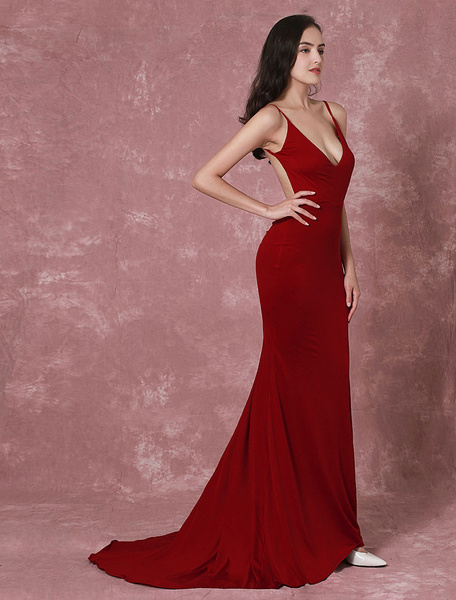 Image of Backless Evening Dress Sexy Mermaid V-neck Elastic Crepe Court Train Red Carpet Dress