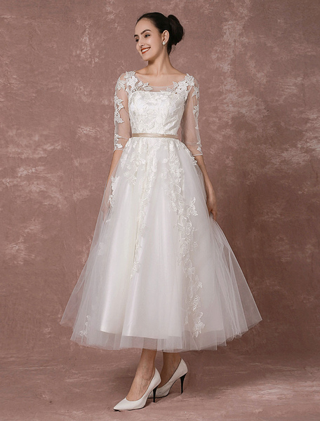Milanoo Vintage Hochzeitskleid kurzes Brautkleid ausTüll Spitze halblangen Ärmeln Brautkleid