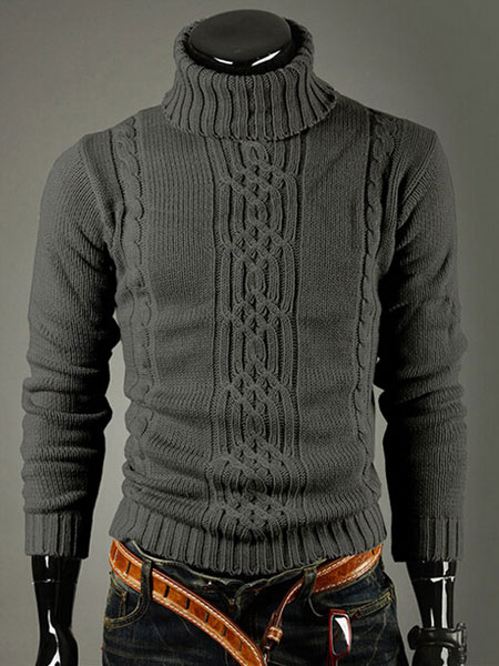 Image of Men's Pullover Sweater Light Grey High Collar Long Sleeve Knit Sweater