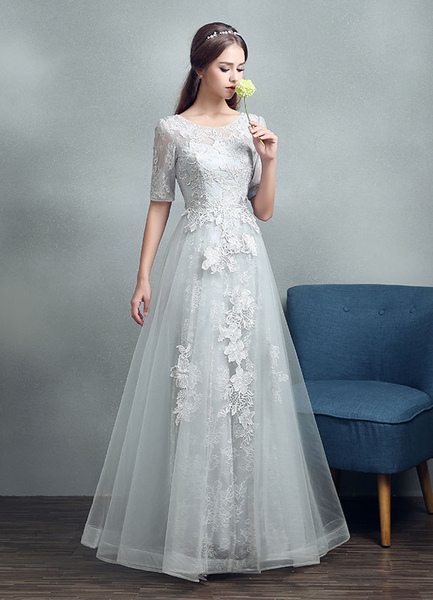 Milanoo Summer Wedding Dresses 2021 Grey Lace Applique Maxi Bridal Gown Backless Half Sleeve Floor L