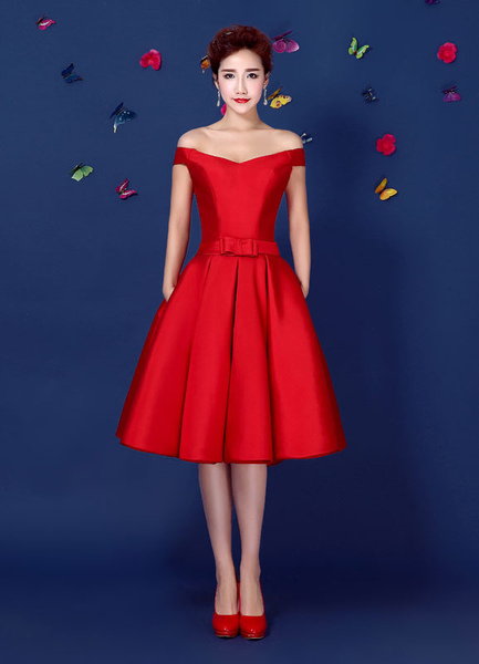 

Red Satin Cocktail Dress Off The Shoulder Homecoming Dress A Line Lace Up Knee Length Party Dress Wi