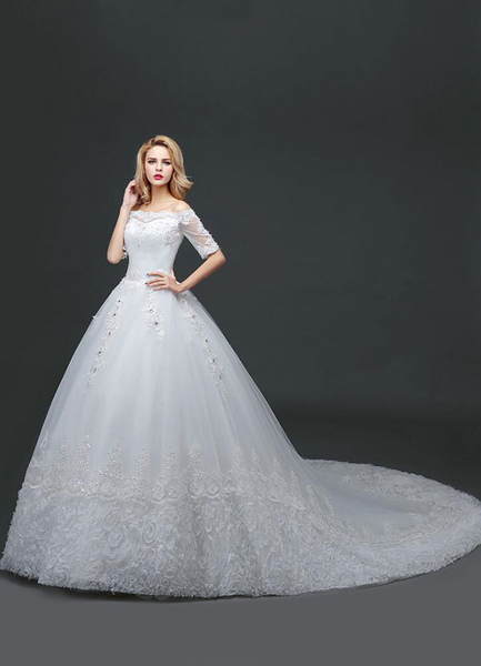 Milanoo Princess Wedding Dress Off The Shoulder Lace Beading Bridal Gown White Half Sleeve Ball Gown