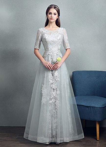 Milanoo Summer Wedding Dresses 2021 Grey Lace Applique Maxi Bridal Gown Backless Half Sleeve Floor L