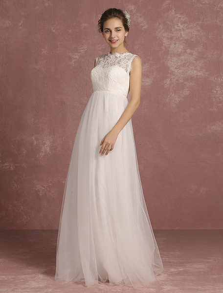 Milanoo Summer Wedding Dresses 2021 Lace Empire Waist Bridal Gown Illusion Sleeveless Round Neck A L