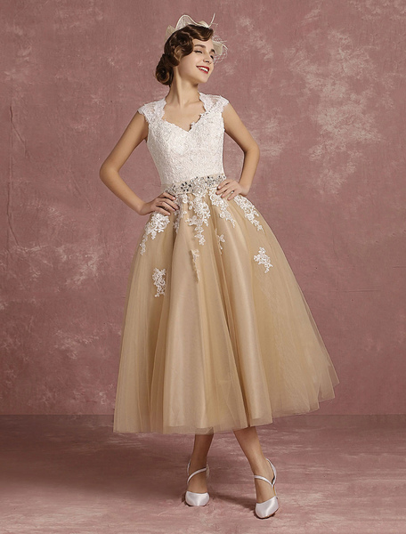 Milanoo Vintage Wedding Dress Short Champagne Lace Applique Bridal Gown Queen Anne Neck Keyhole Brid