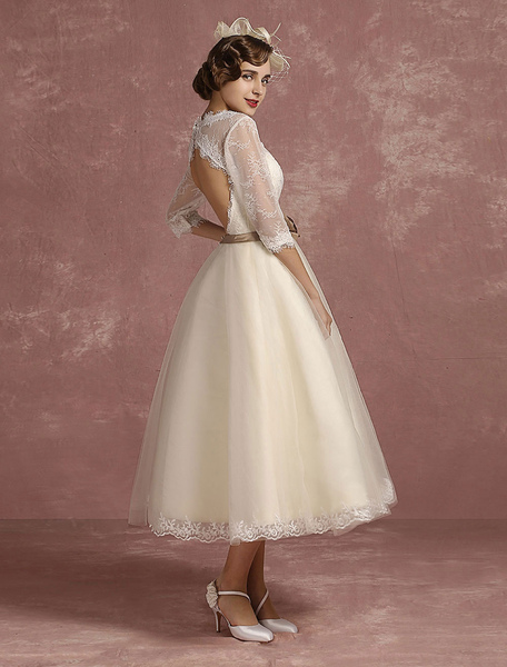 Milanoo Vintage Wedding Dress Short Lace Tulle Bridal Dress Half Sleeve V Neck Backless A Line Flowe