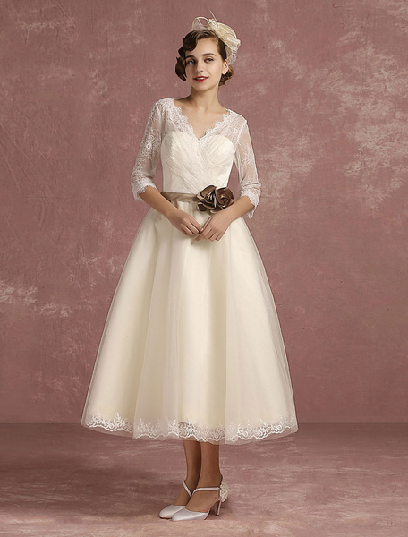 Milanoo Vintage Wedding Dress Short Lace Tulle Bridal Dress Half Sleeve V Neck Backless A Line Flowe