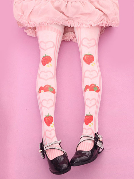 Image of Dolce Lolita calze velluto rosa fragola Lolita stampato calzettoni
