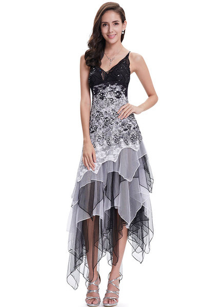 Milanoo Grey Prom Dresses 2021 Short Floral Cocktail Dress V Neck Sequins Beading Lace Flowers Spagh