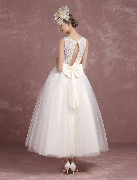 Milanoo Vintage Wedding Dress Ivory Tulle Bridal Gown Back Split Bateau Lace Illusion Neckline Ankle