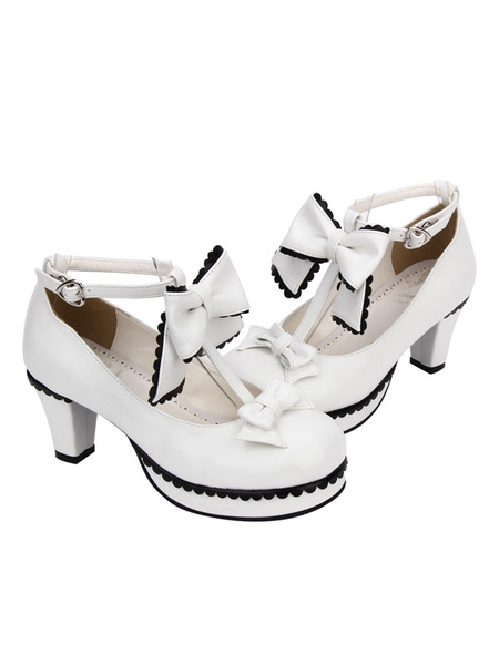 Milanoo Sweet Lolita Shoes White Round Toe Cone Heel T Strap Lolita Shoes