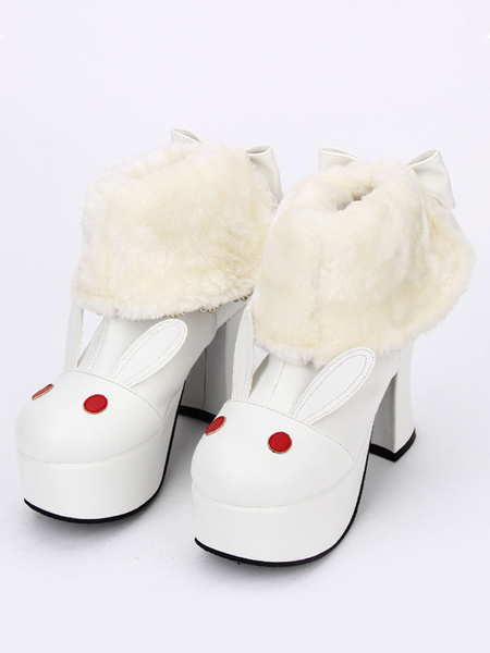 

White Lolita Shoes Round Toe Bunny Pattern Chunky Heel Lolita Booties