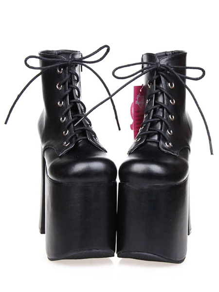 Milanoo Black Lolita Booties Chunky Heel Platform Round Toe Lace Up Lolita Short Boots