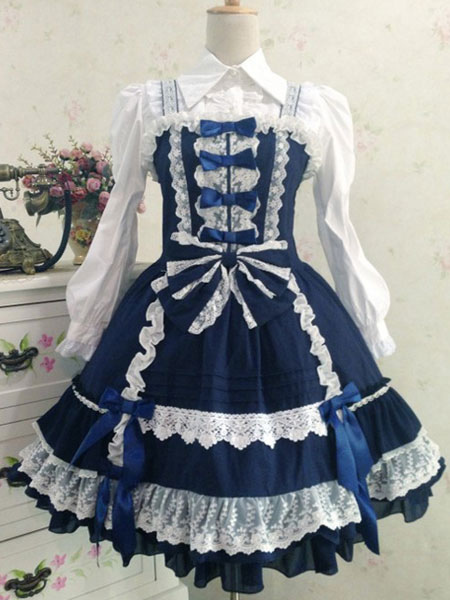 Image of Sweet Lolita Dress JSK Tiered blu profondo Lolita Dress cotone volant Lolita Jumper gonna con fiocco