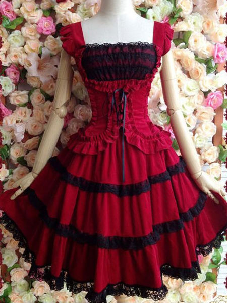 Milanoo Sweet Lolita Dress JSK Red Cotton Lolita Jumper Skirt
