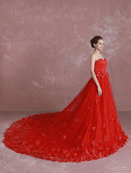 Milanoo Rote Hochzeit Kleid Sweetheart trägerlosen Pailletten Brautkleid 3D Blumen Applikation eine