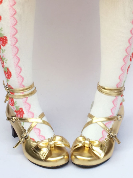 Image of Scarpe da Lolita d'oro rotondo tacco a cono 6.5cm
