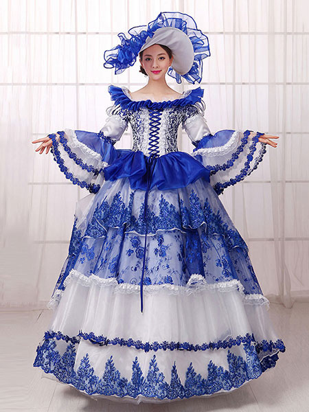 Milanoo Victorian Dress Costume Women's Royal Blue Victorian era Clothing Ball Gown Long Sleeves Ret