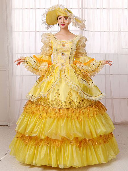 Image of Carnevale Vintage Costume vittoriano palla abito vestito giallo Costume retrò donna Halloween