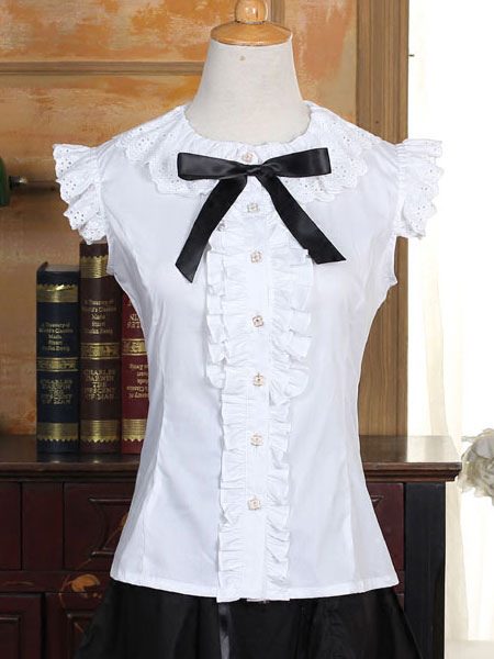 Milanoo Sweet Lolita Blouse White Cotton Short Sleeve Lolita Shirt