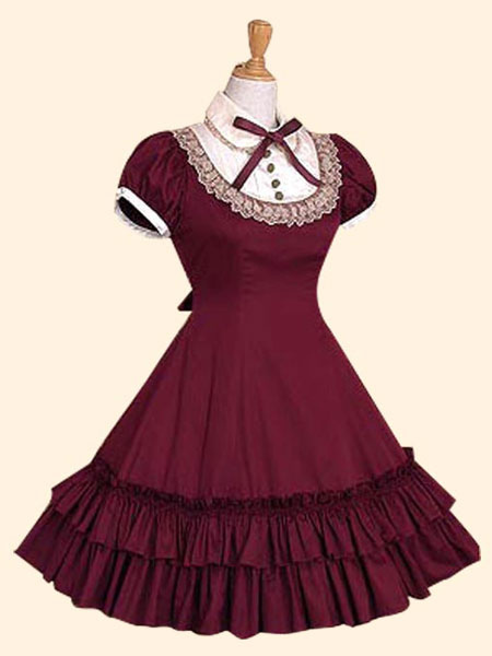 Milanoo Sweet Lolita Dress OP Burgundy Stand Collar Short Sleeve Lolita One Piece Dress