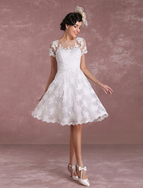 Milanoo Brautkleider Vintage Tüll A-Linie- mit Bateau-Kragen Hochzeitskleid Vintage Elfenbeinfarbe
