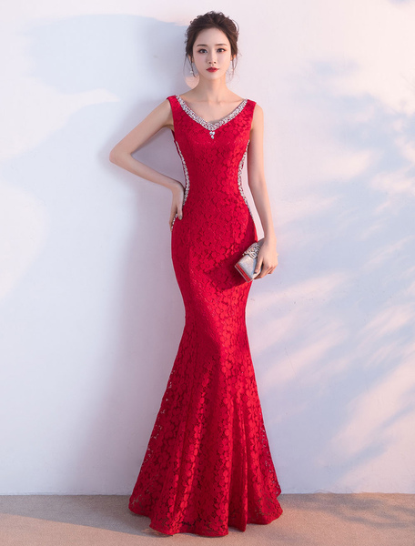 Image of Red Evening Dress Lace Mermaid Formal Dress V Neck Beading Sleeveless Floor Length Party Dress wedding guest dress