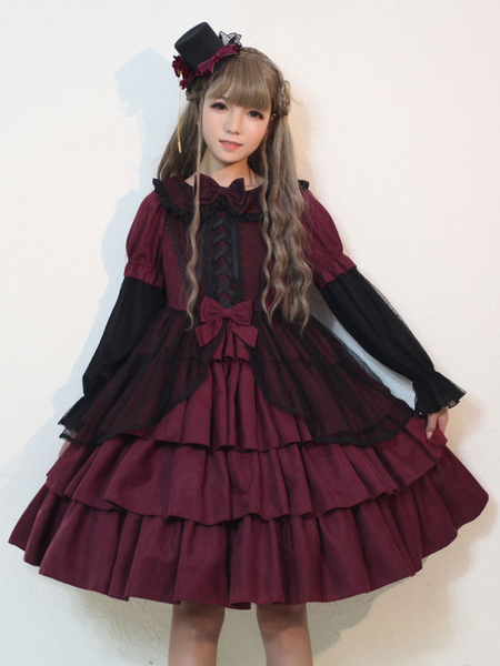 Milanoo Gothic Lolita Dress Dark Fairy Tale OP Neverland Bow Layered Ruffles Burgundy Lolita One Pie