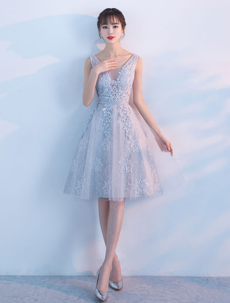 Image of Lace Homecoming Dresses Light Grey Short Prom Dress V Neck Knee Length Cocktail Dress