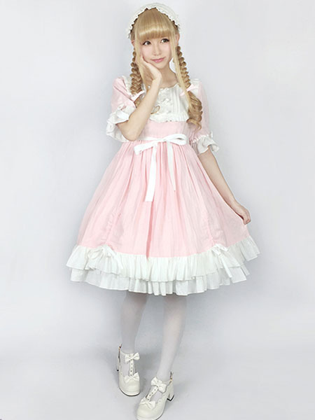 Milanoo Rococo Lolita OP One Piece Dress Round Neck Lace Trim Two Tone Ruffles Pink Lolita Dress