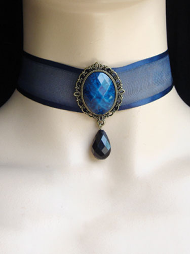 Milanoo Gothic Lolita Choker Necklace Organza Metal Detail Two Tone Jeweled Blue Lolita Jewelry