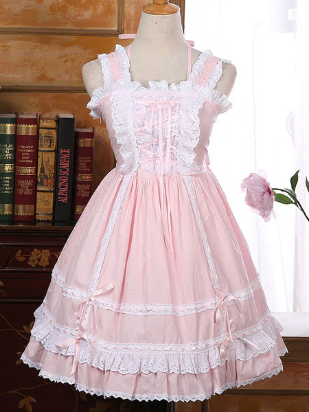 Milanoo Sweet Lolita JSK Jumper Skirt Lace Trim Ruffles Frills Two Tone Pleated Pink Lolita Dresses